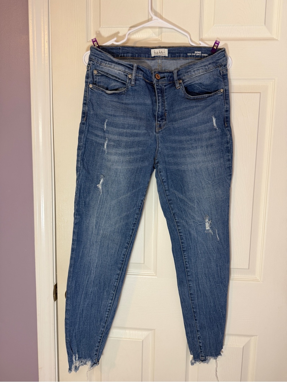 Ankle Crop Distressed Jeans in Mid Blue by Nicole Miller
